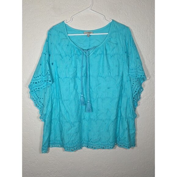 Catherines Womens Eyelet Blouse Top Size 1XWP Turquoise Blue Butterfly Sleeve - Picture 1 of 6